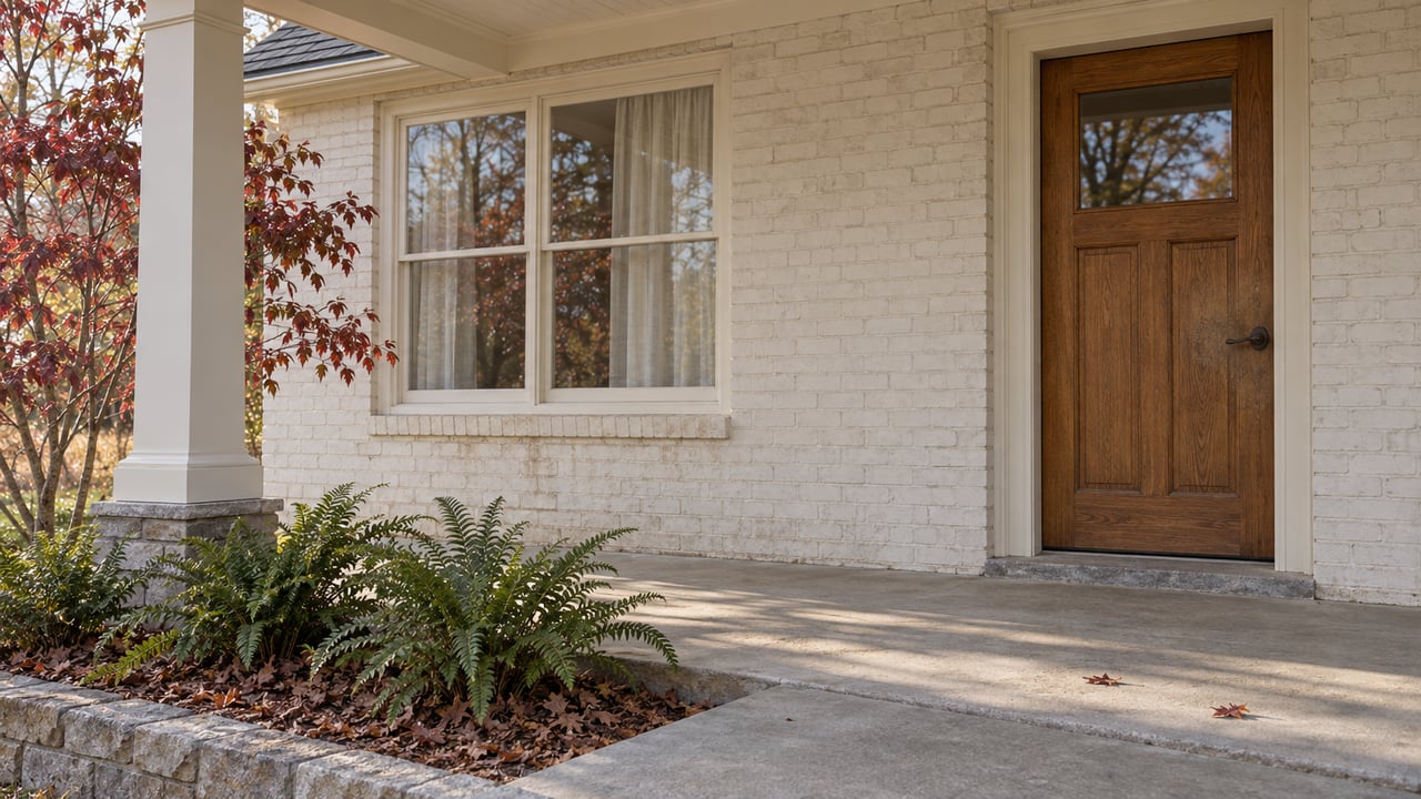 Autumn morning light across a painted-brick porch with an oak front door, limestone-edged planting bed and burgundy sourwood leaves.