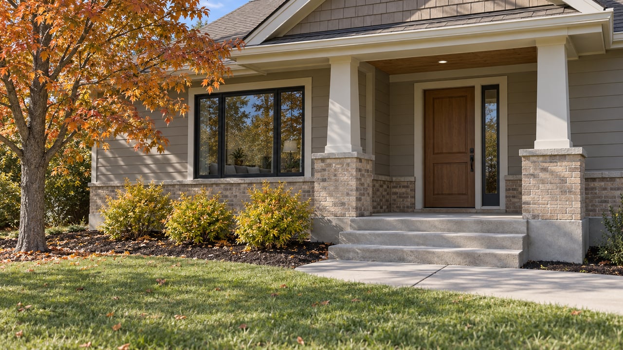 A covered gabled home entry with warm-gray siding, sand-colored brick, a concrete walk and an orange-leaved maple.