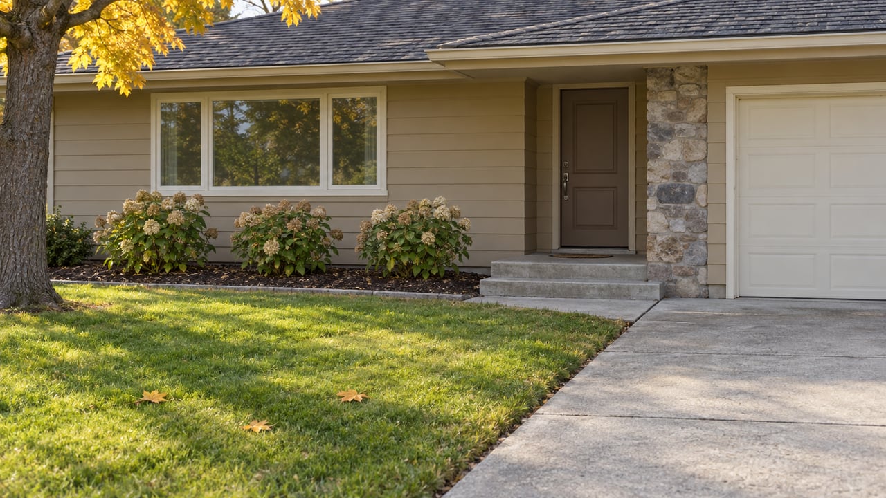 A tan single-story ranch with a recessed front door, weathered concrete approach, hydrangeas and a golden-leaved maple beside the lawn.