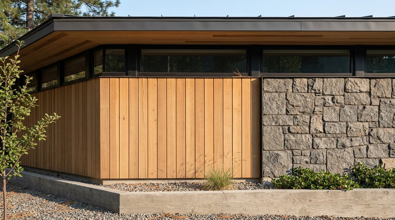 Mountain-modern home corner with vertical cedar siding, rough granite veneer, clerestory windows, and a charcoal metal roof