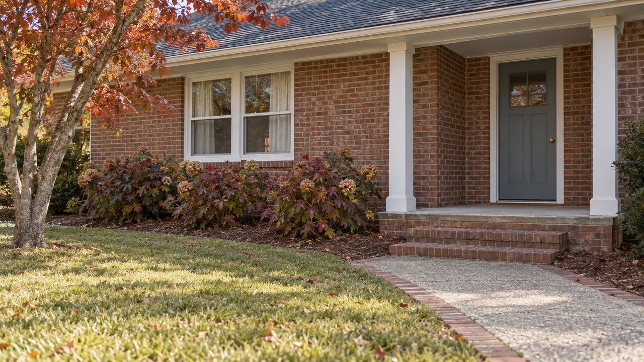 An established brick home's blue-gray front door and white-trimmed window beside an autumn dogwood and oakleaf hydrangeas.