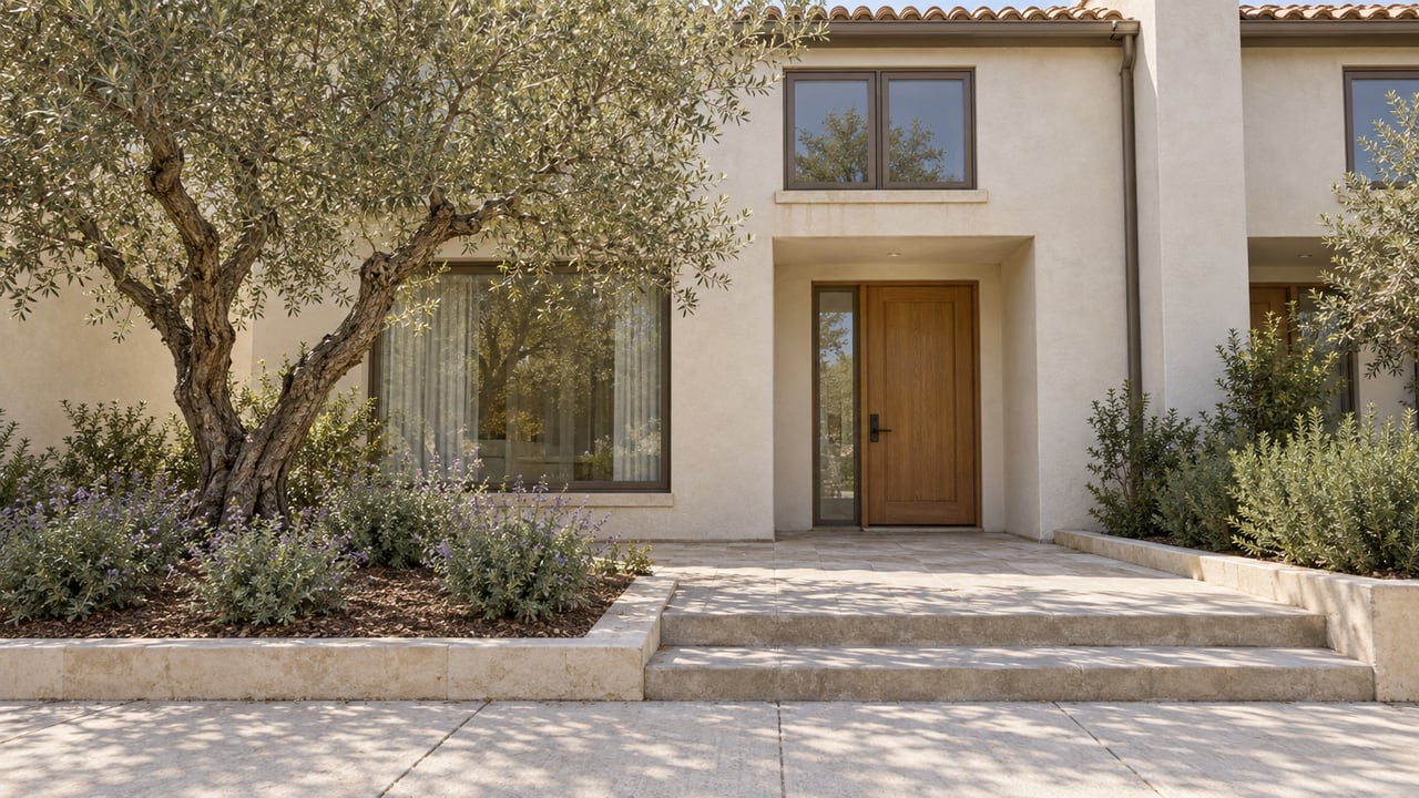 Low-angle view of an ivory stucco home's recessed oak entrance, limestone forecourt and olive tree beside a concrete walking path.