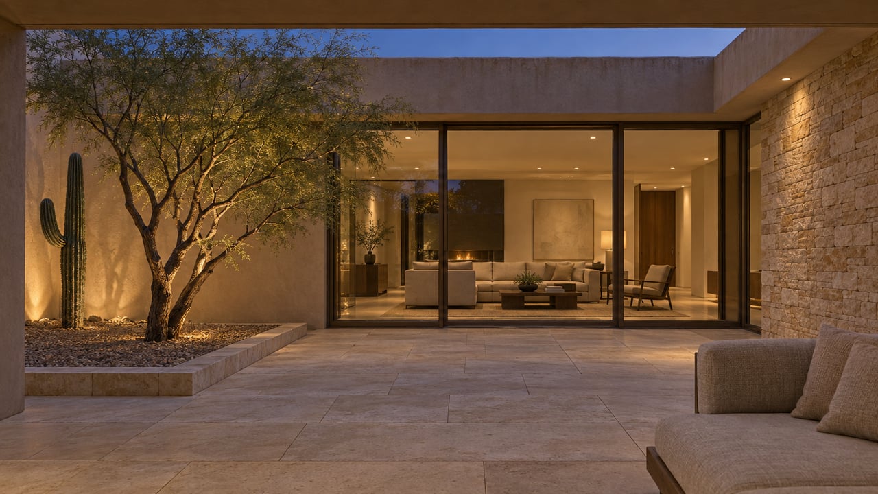 A private courtyard at blue hour with limestone paving, warm glazed living spaces, stone walls, a sculptural palo verde and a saguaro.
