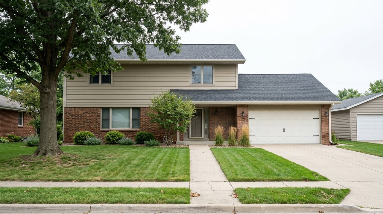 Two-story home with red-brown brick and putty siding, a deep lawn, concrete walkway, oak tree, and detached garage.