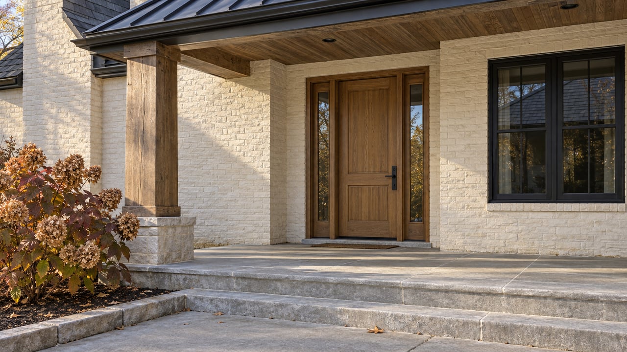 Cream brick home entry with an oak door, black-framed windows and limestone porch steps in autumn morning light.