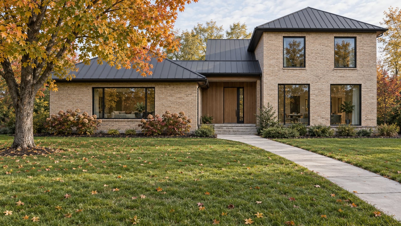 Contemporary buff-brick home with black-framed windows, a recessed oak entry, and a deep autumn lawn beneath an amber sugar maple.