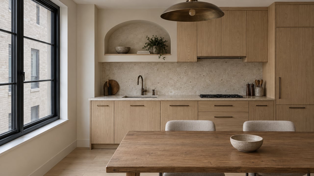 Condominium dining area with oak cabinetry, limestone backsplash, pendant light, and a closed steel-framed window.