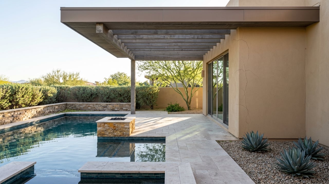Courtyard pool beside a wood-beamed ramada, with travertine decking, a stone fire bowl, and agaves.
