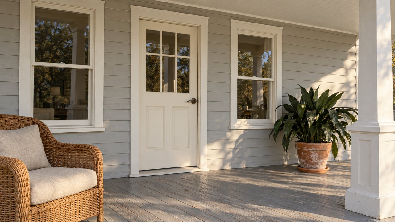 Covered porch with pale wood siding, a glazed cream entry door, paired windows and one woven chair in warm afternoon light.