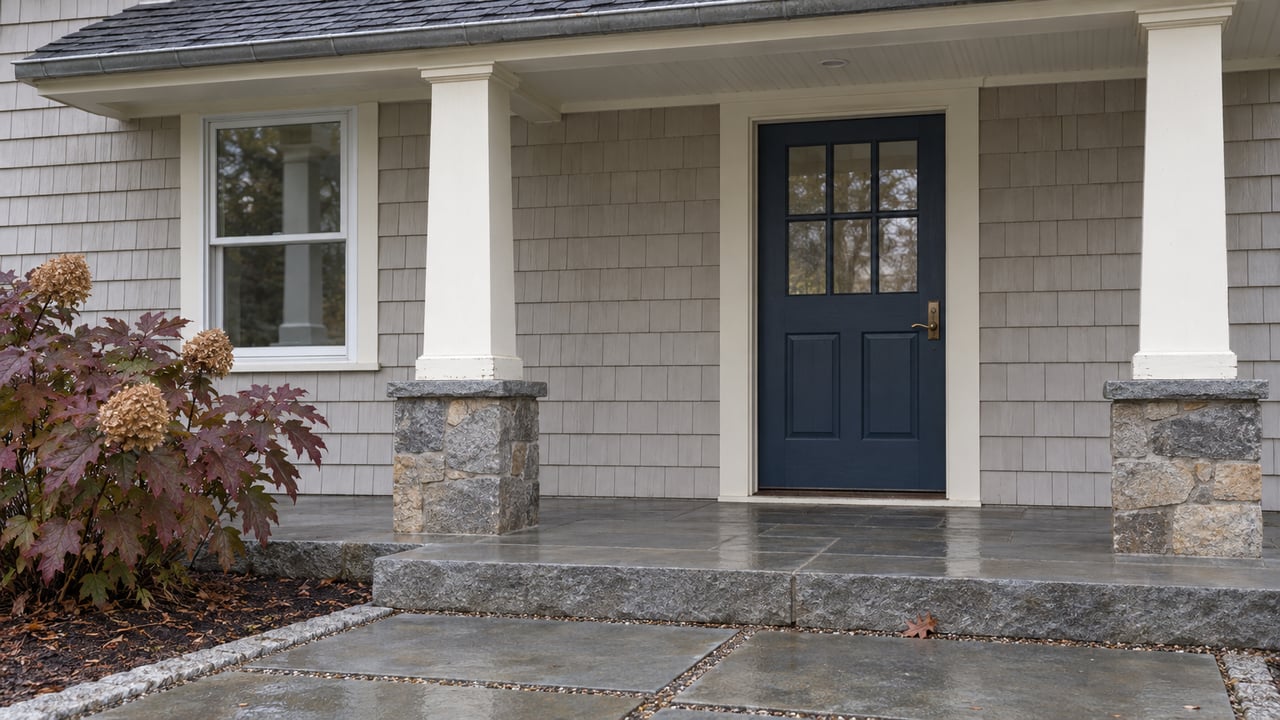 House entrance with a navy front door, stone porch columns, and a paved walkway.