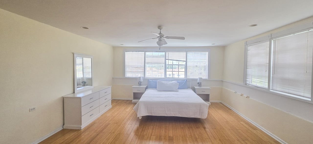 Bright bedroom with a white bed, wide windows, wood flooring, and ceiling fan.