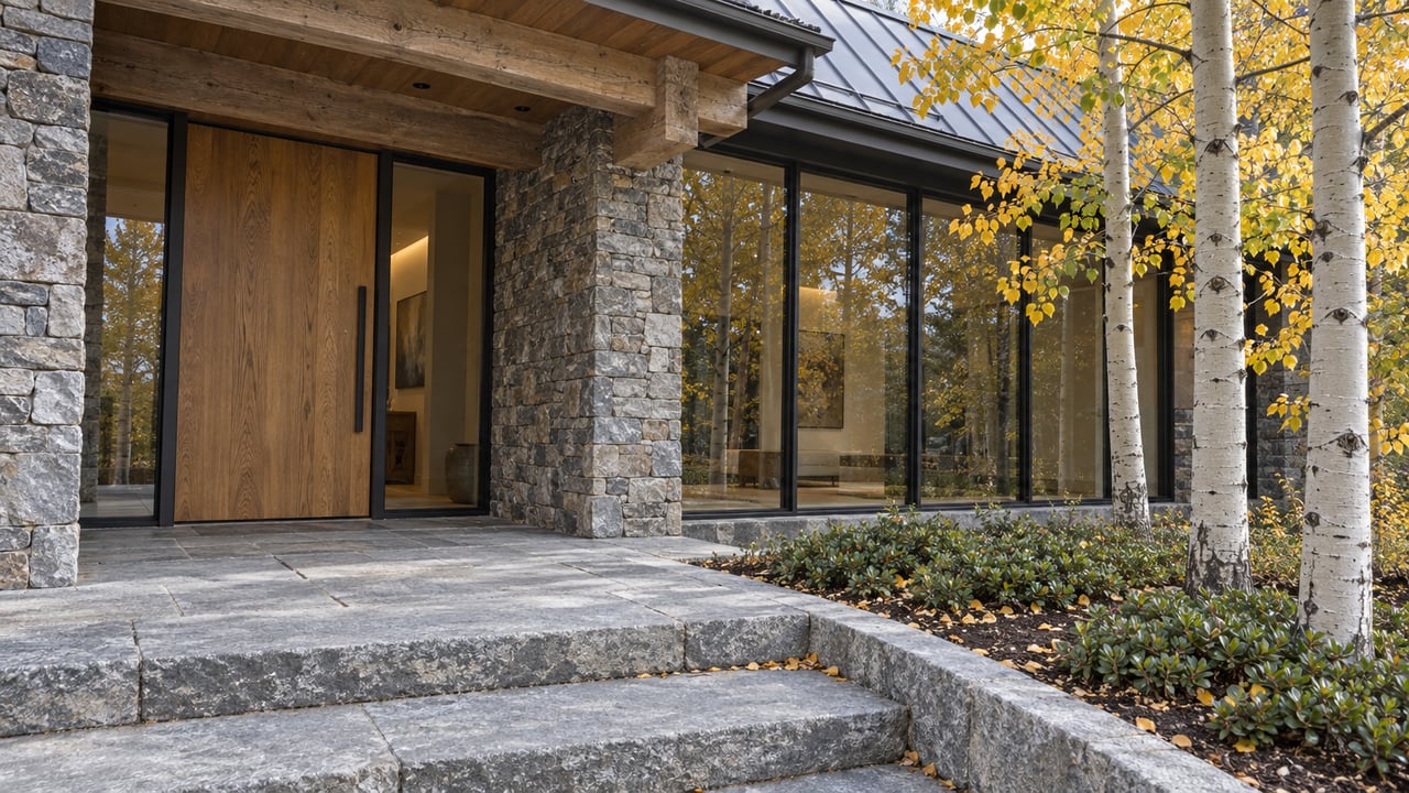 Modern mountain home entrance with a broad wooden door, stone pillars, and golden autumn aspens.