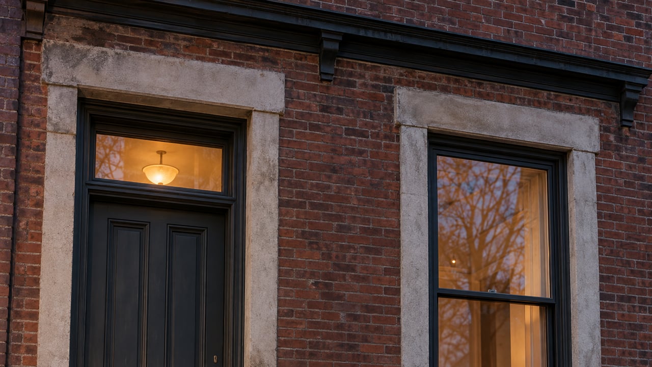 Russet brick rowhouse entrance with a charcoal door, closed glowing window, stone steps, and potted shrub.