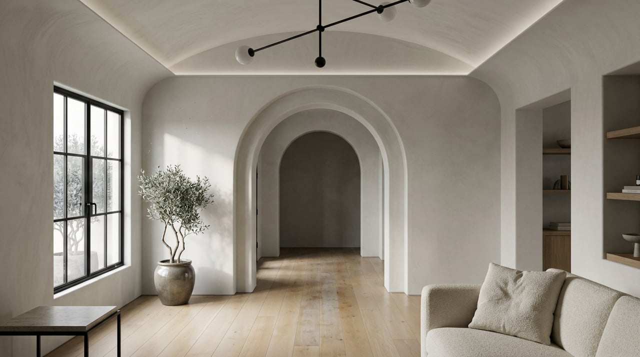 Plaster living room with a vaulted archway, black-framed window, pendant, and daylight streaking across wall.