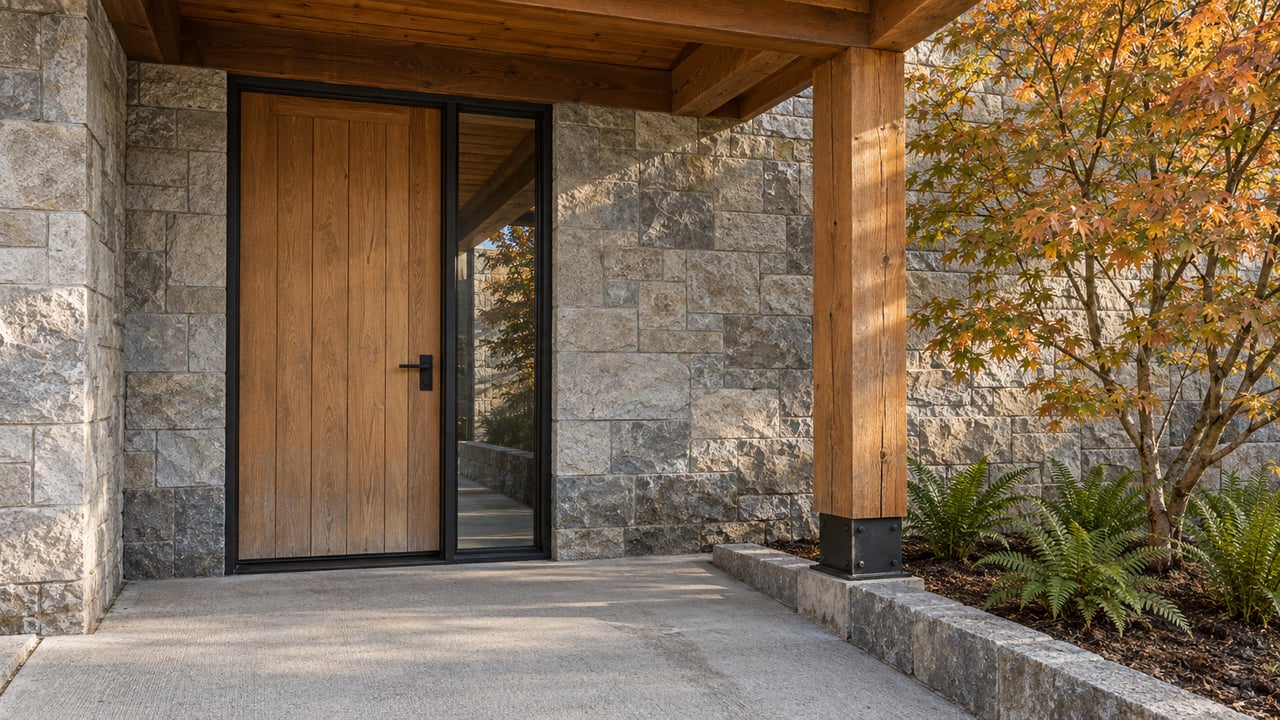 Modern home entrance with a wooden door, gray stone facade, and autumn foliage.