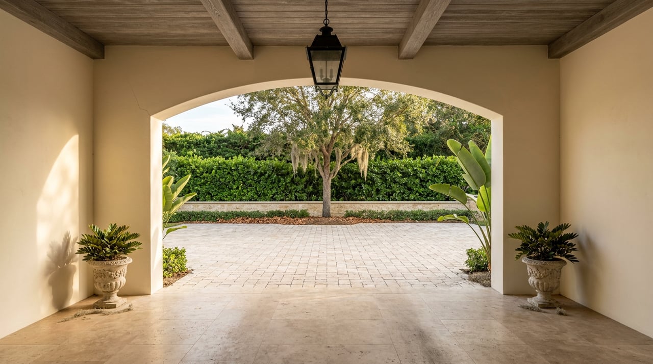 Arched travertine loggia opens onto a hedge-lined motor court beneath a moss-draped oak.