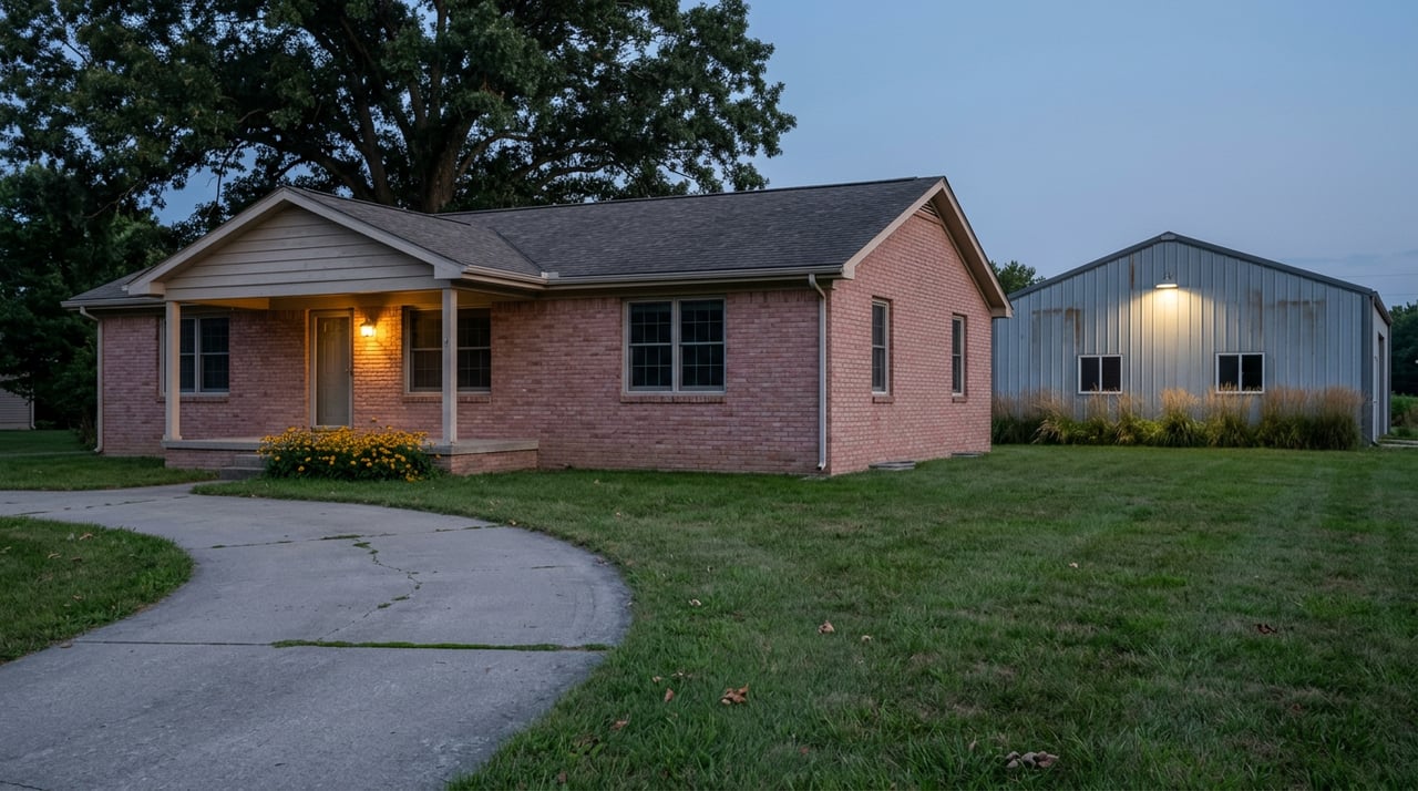 Brick home with covered porch and detached metal shop across a lawn beneath a broad oak at twilight.