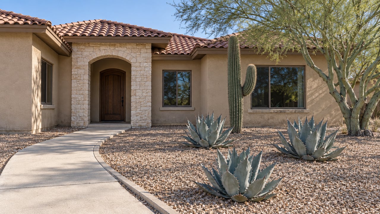 Sand-colored stucco home with a terracotta tile roof, recessed arched entry and deep gravel garden planted with a palo verde, saguaro and three agaves.