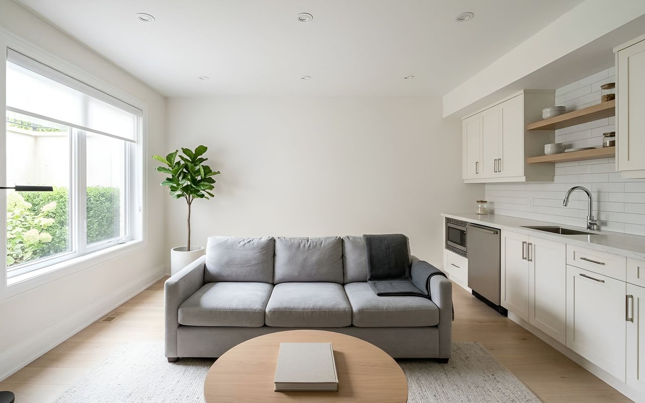 Bright living room with a gray sofa beside a modern white kitchen and large window.