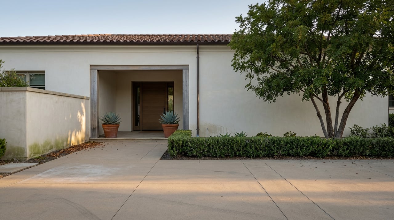 Ivory stucco home with a recessed cedar-framed entry, terracotta roof, and pistache tree overlooking a paved court.