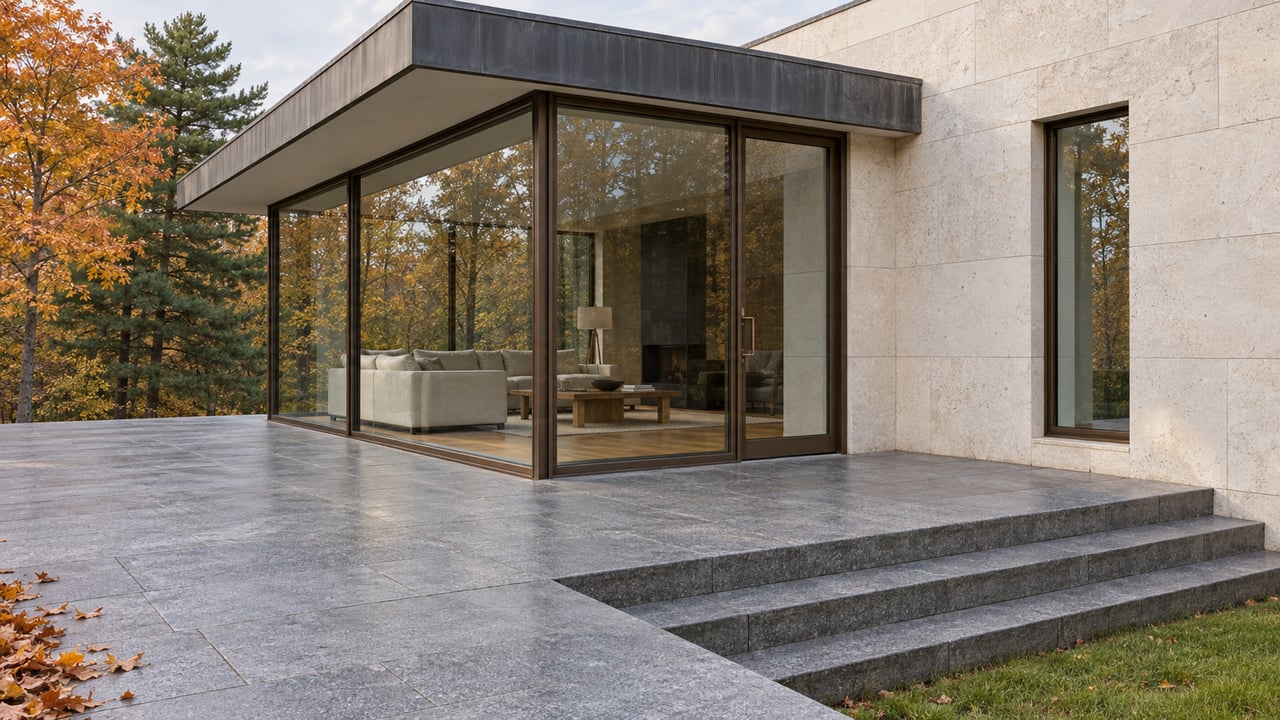 Pale limestone home with bronze-framed glazing, gray granite terrace steps and amber autumn trees.