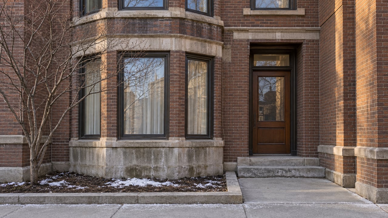 Winter light grazes a russet brick residence with limestone bay windows, a recessed walnut entrance and a bare serviceberry in a small forecourt.