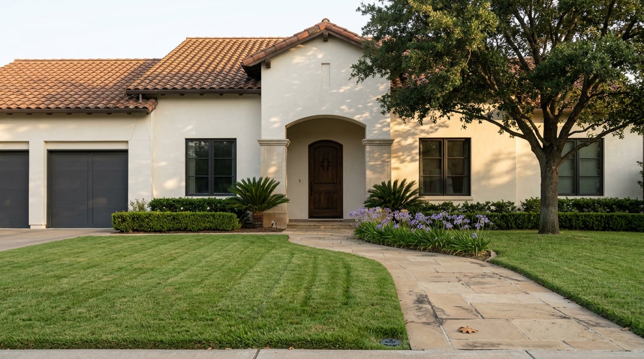 Two-story stucco home with terracotta roof, three-bay garage, arched entry, and curving paver path across the lawn.