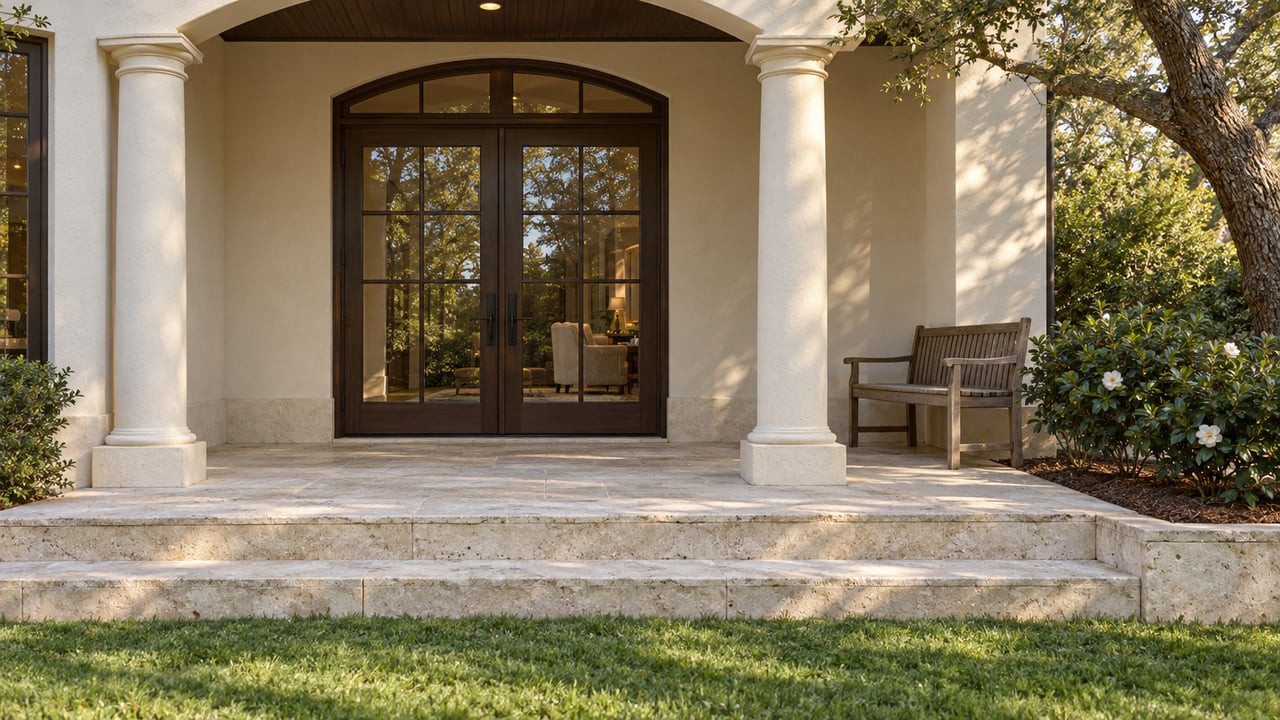 Cream stucco veranda with paired columns, closed arched French doors, limestone garden steps, and mature oak planting.