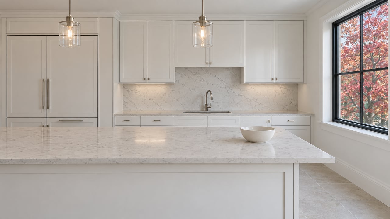 Bright white kitchen with a pale veined stone island, two glass pendant lights, and autumn dogwood leaves beyond a closed black-framed window.