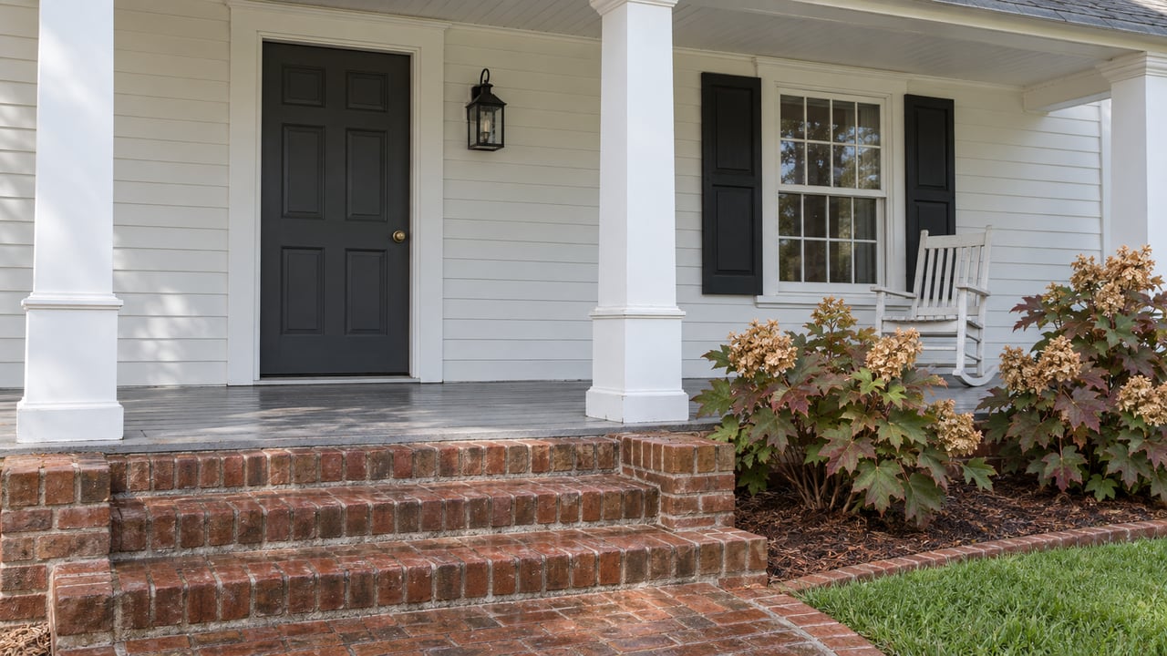 Brick steps lead to a white clapboard porch with a charcoal door, black-shuttered window and oakleaf hydrangeas.