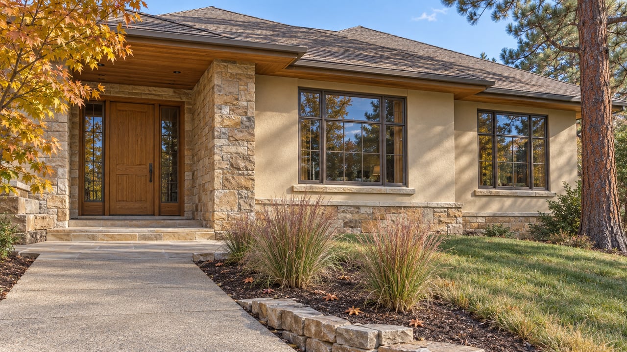 Autumn sunlight on a warm stucco home with a sandstone entry, oak door, divided-light windows and mature trees.