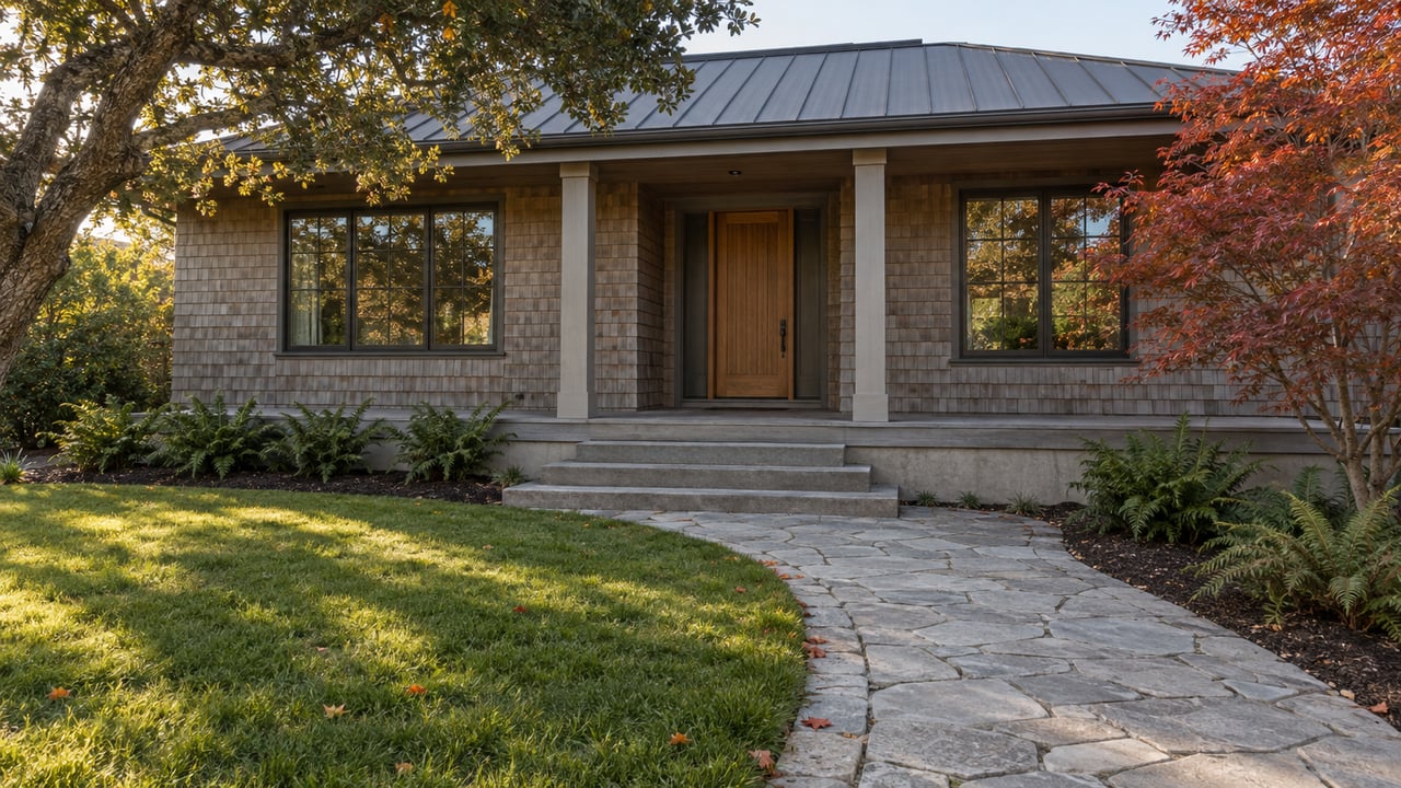 Cedar-shingle home with a covered porch, stone approach, mature oak and red autumn maple.