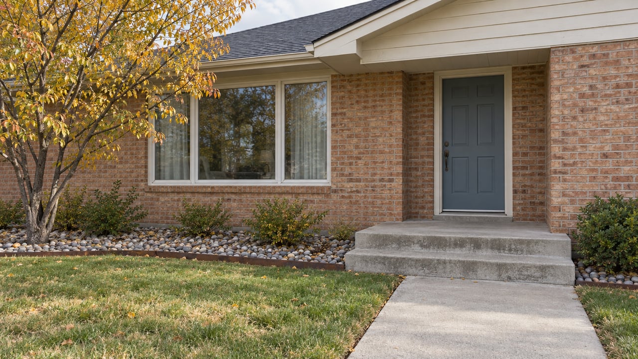 Brick ranch entry with a blue-gray door, concrete steps, broad window and a copper-leaved serviceberry beside the front walk.