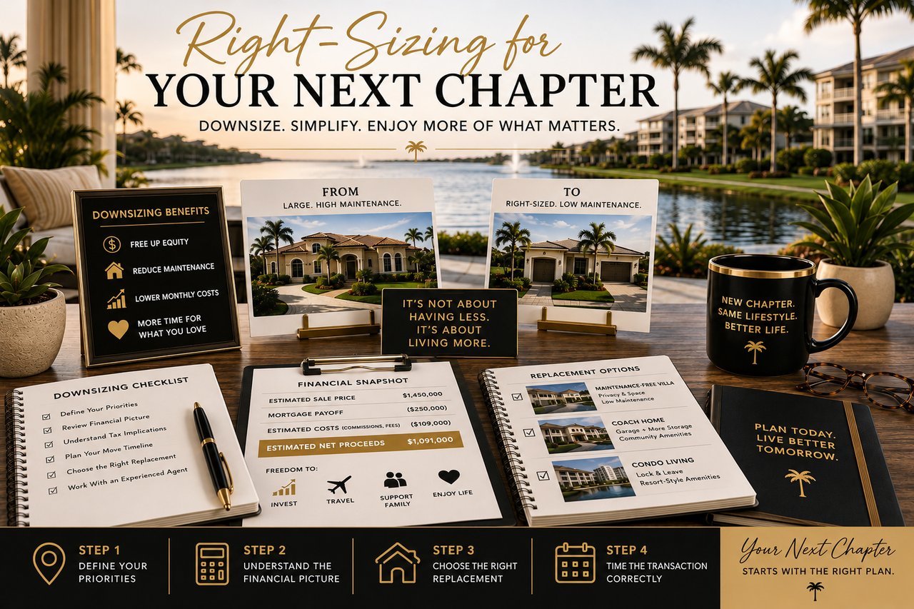 Luxury Southwest Florida waterfront community featuring downsizing planning materials, financial worksheets, maintenance-free home options, and equity planning documents, illustrating how homeowners can right-size, reduce maintenance, unlock home equity, and transition to condos, villas, or coach homes in Naples, Bonita Springs, Estero, Fort Myers, and Cape Coral.