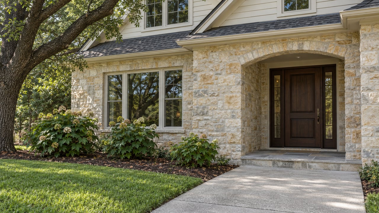 Pale limestone and ivory-sided home with a recessed oak entry, shaded windows, and a concrete approach beside an oak and planted mulch bed.