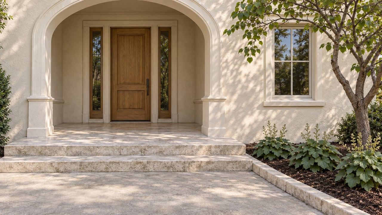 Ivory stucco home with an arched porch, oak door, pale stone steps, and a western redbud beside the approach.