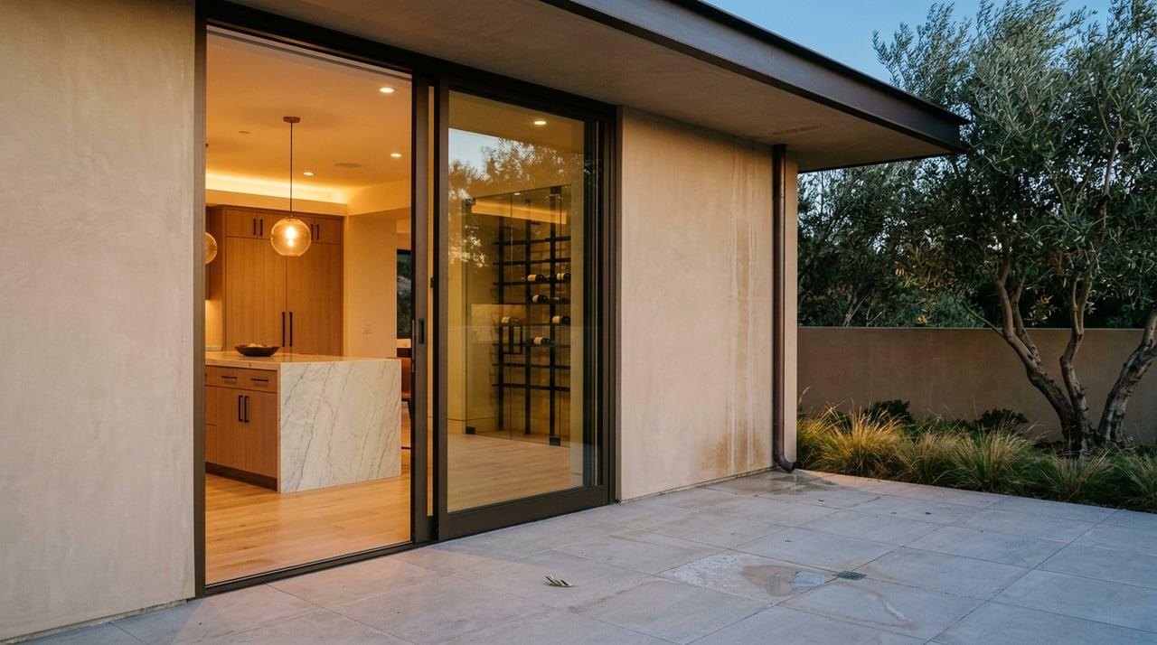 Open bronze-framed glass doors reveal a warmly lit kitchen with a marble island, beyond a tiled terrace at dusk.