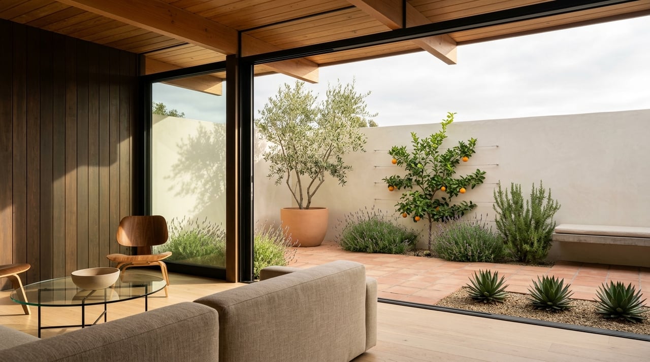 Renovated mid-century interior opening onto an outdoor space.