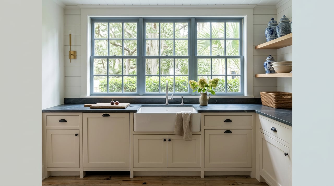 Farmhouse sink beneath a divided-light window, with blue-and-white ceramics on oak shelves and a fig on the counter.