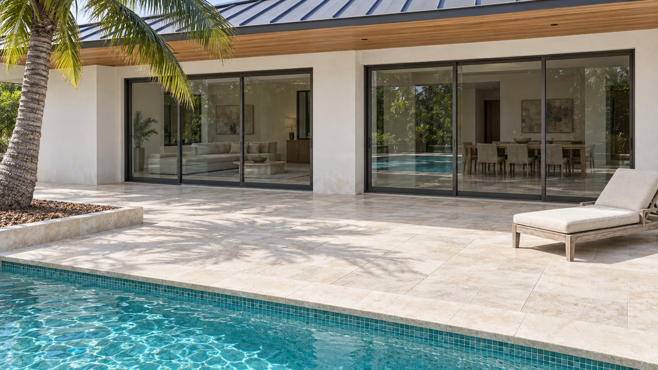White stucco home with wood soffits and closed glass doors beside a limestone pool terrace, teak chaise, and a single curved coconut palm.