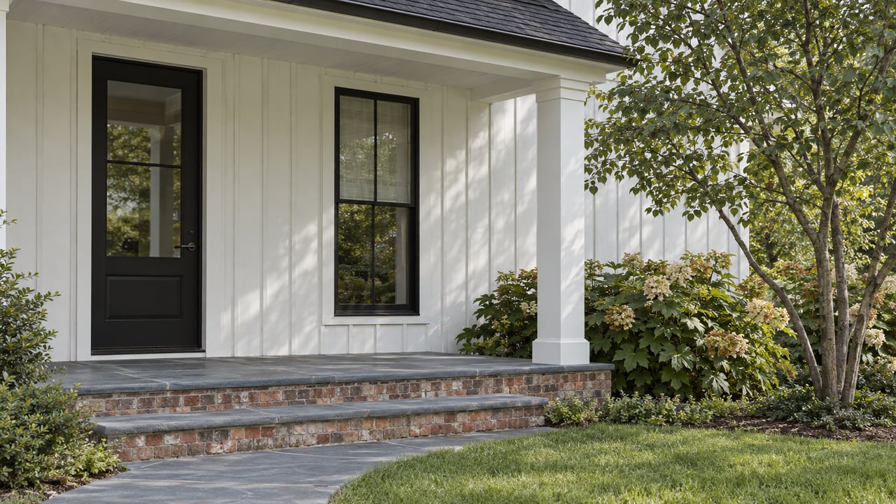 White board-and-batten house with a black door, tall window, brick porch steps, and curved bluestone path.