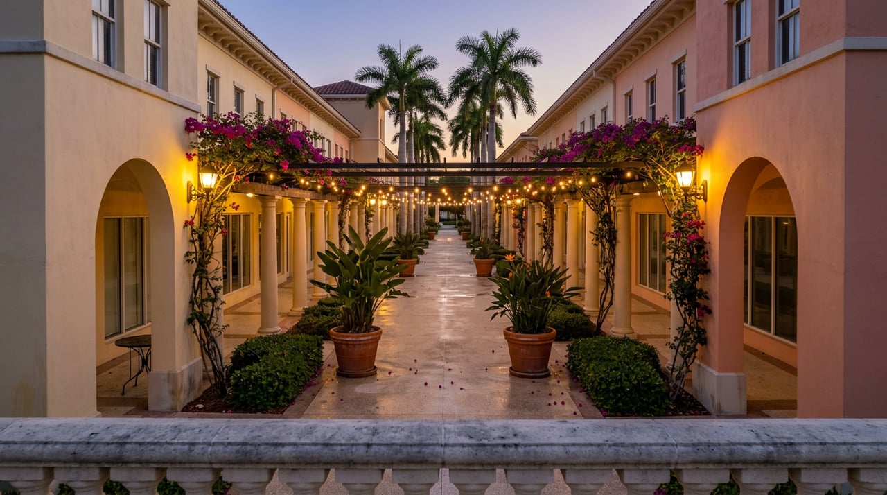 Covered stucco promenade with string-lit pergolas, wet terrazzo paving, and royal palms against a dusk sky.