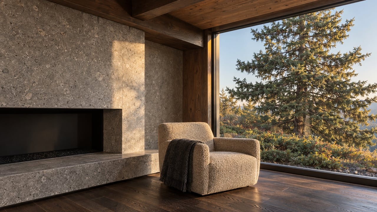 Mountain living room with a limestone fireplace, oatmeal chair, and spruce visible through floor-to-ceiling glass.