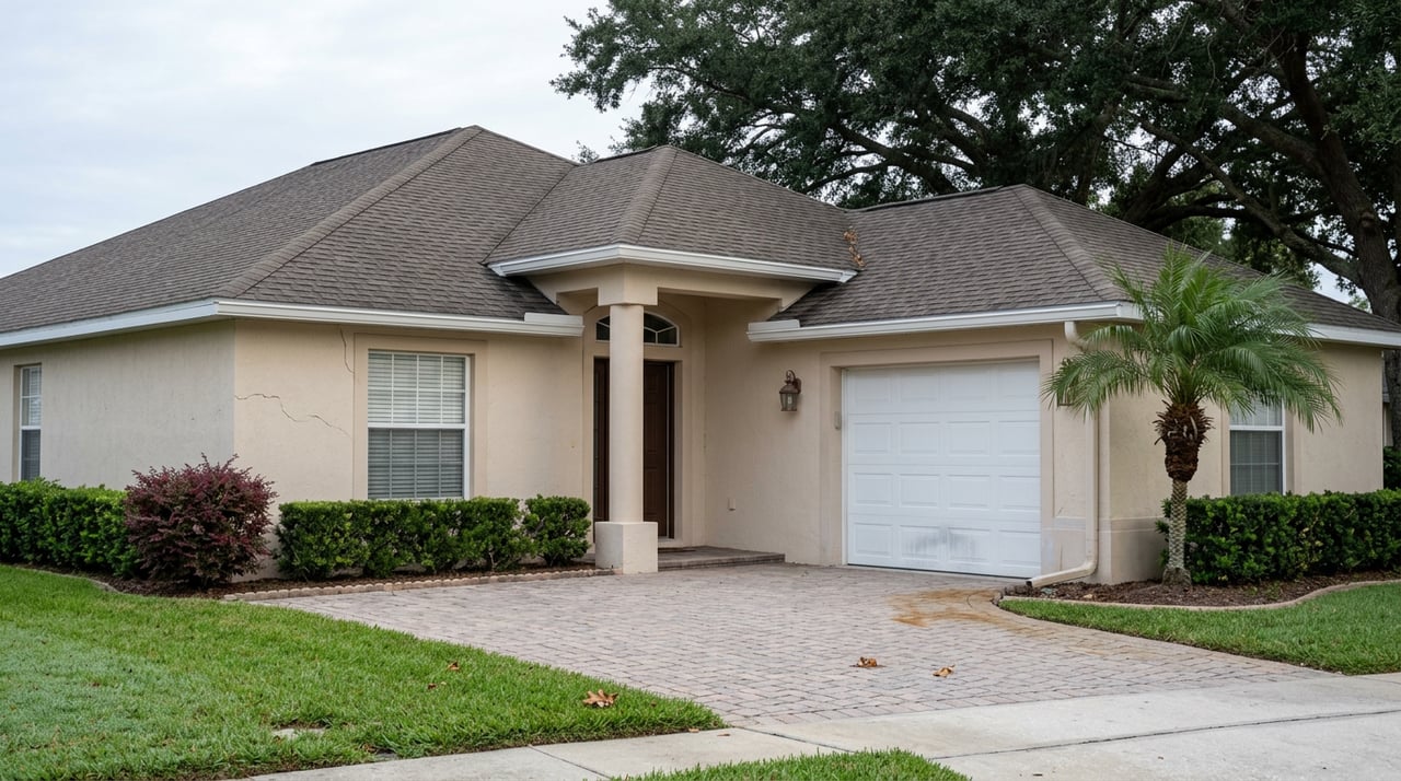 Single-story sand-stucco home with arched window, white garage, paver driveway, palm, and oak canopy.