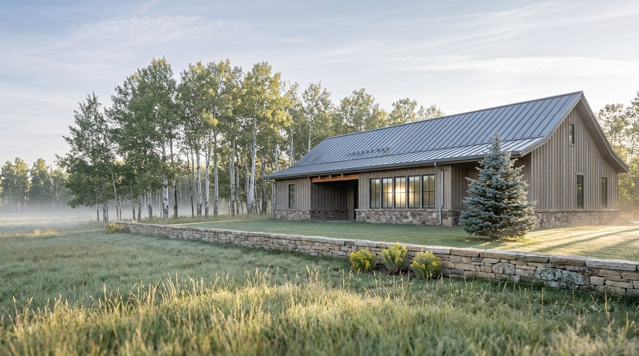 Mountain-contemporary home beyond a meadow, with a low stone wall, blue spruce, and aspen grove.