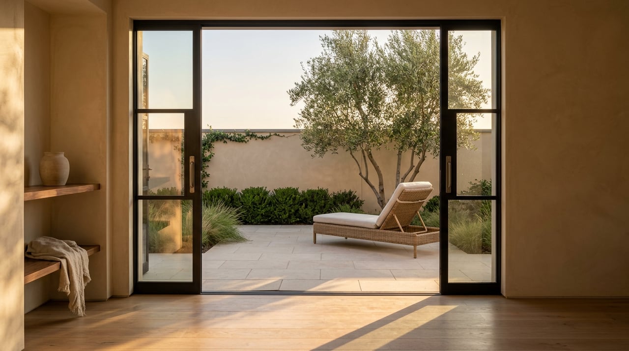 Open black-framed glass doors reveal a limestone patio with a rattan chair and olive tree.
