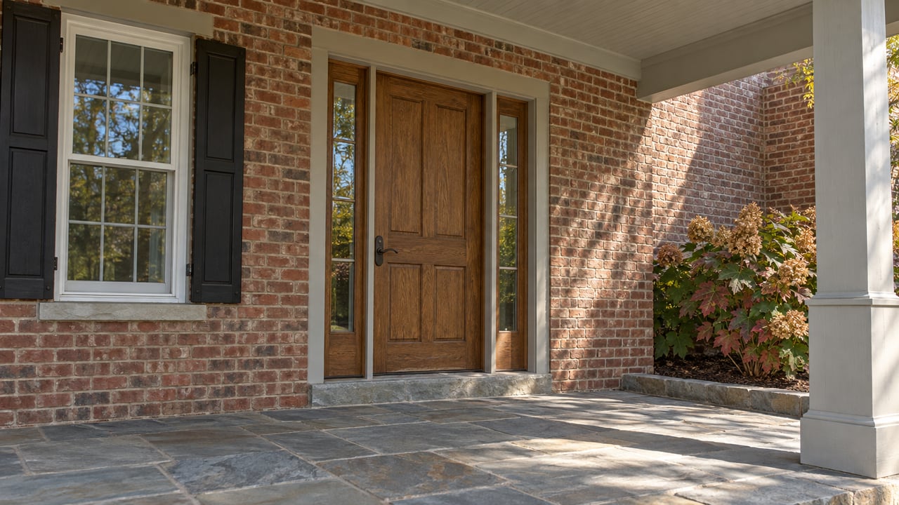 Brick home entrance with a paneled wood door, sidelights, shuttered window, and stone-paved porch.