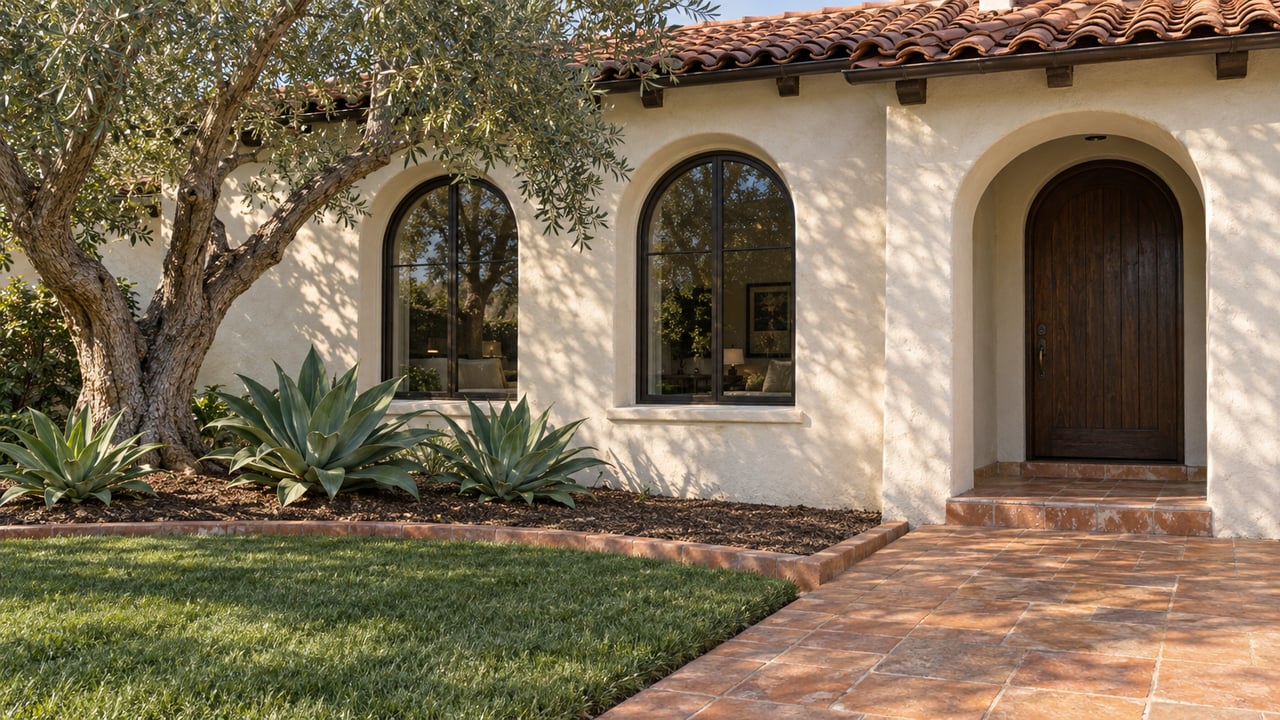 Cream stucco home with arched windows, a recessed oak entry, terracotta paving and a sculptural olive tree in late-afternoon light.
