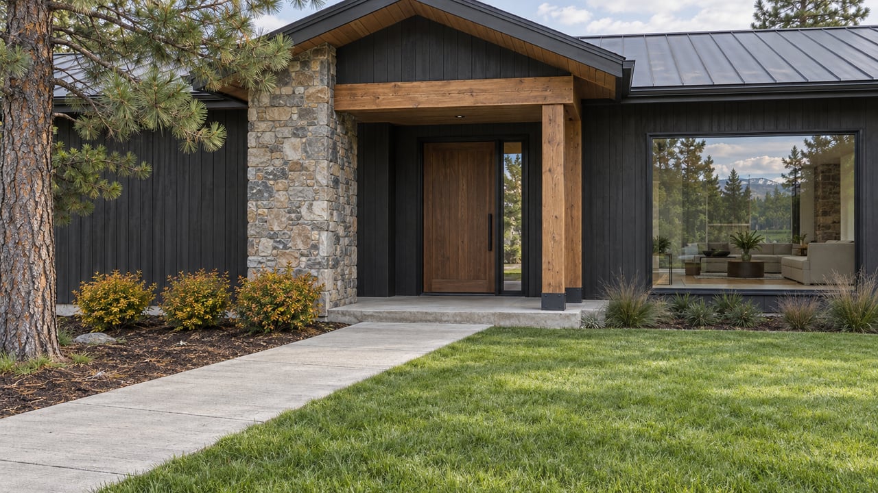 Dark wood home with a timber-covered entrance, stone pier and concrete approach beside an autumn lawn.