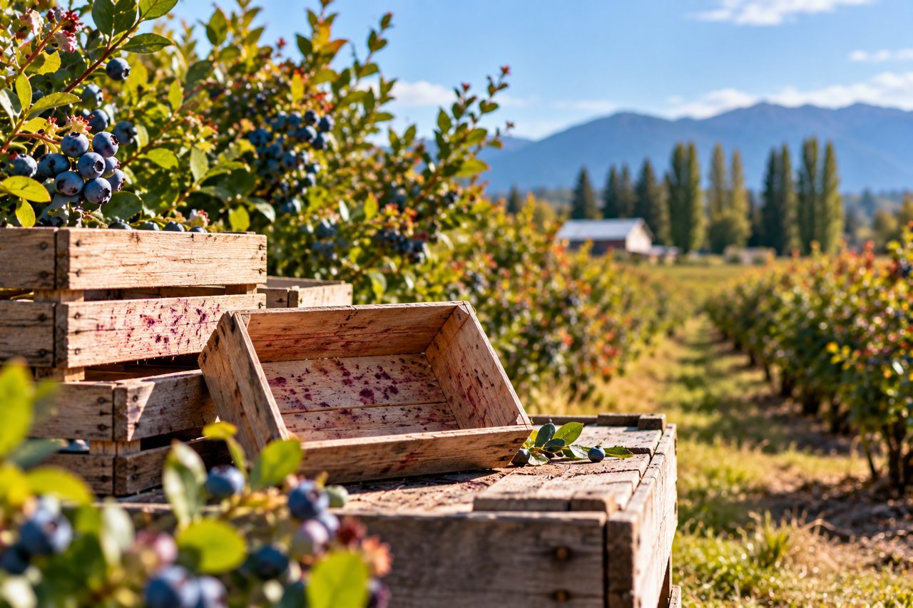 Blueberry farm with ripe berries, wooden harvest crates, and mountain ridges in the background.